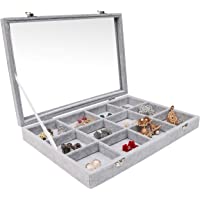 BELLE VOUS Joyero Grande - Organizador de Joyas Gris con 12 Secciones (35 x 24 x 4-5cm) Organizadores de Joyas con Forro…
